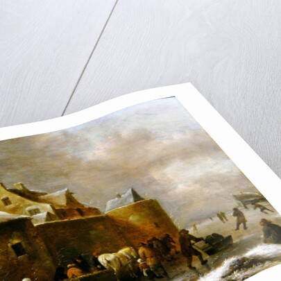 A Winter Landscape with Numerous Figures on a Frozen River Outside the Town Walls by Claes Molenaer
