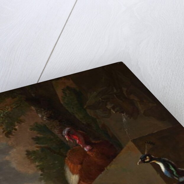 A Peacock, Turkey, and Chicken with her Chicks beside a Classical Fountain in a Landscape by Abraham Bisschop