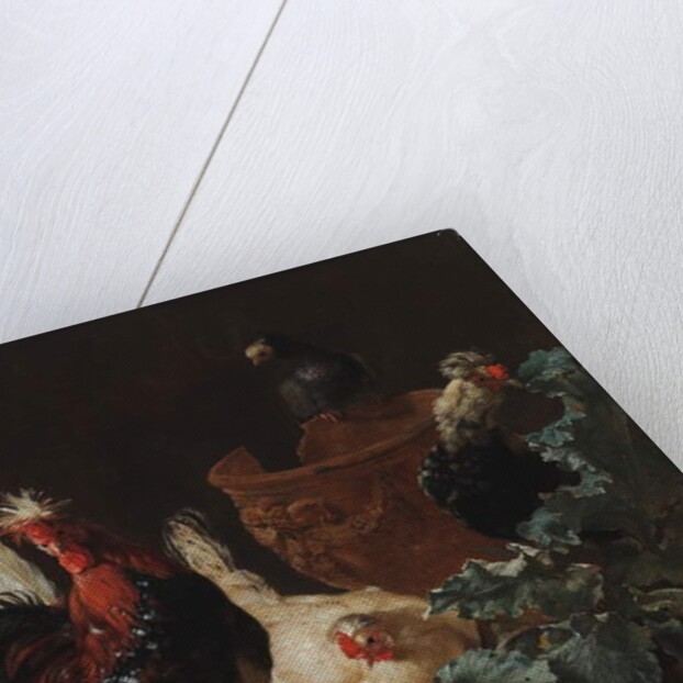 A rooster, two chickens and two pigeons by an antique chipped terra cotta vase in a landscape, 1695 by Abraham Bisschop