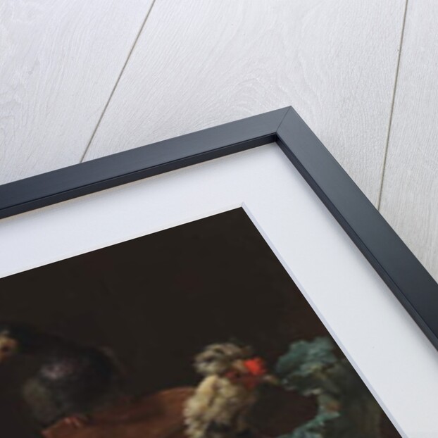 A rooster, two chickens and two pigeons by an antique chipped terra cotta vase in a landscape, 1695 by Abraham Bisschop