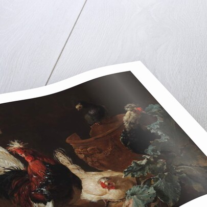 A rooster, two chickens and two pigeons by an antique chipped terra cotta vase in a landscape, 1695 by Abraham Bisschop