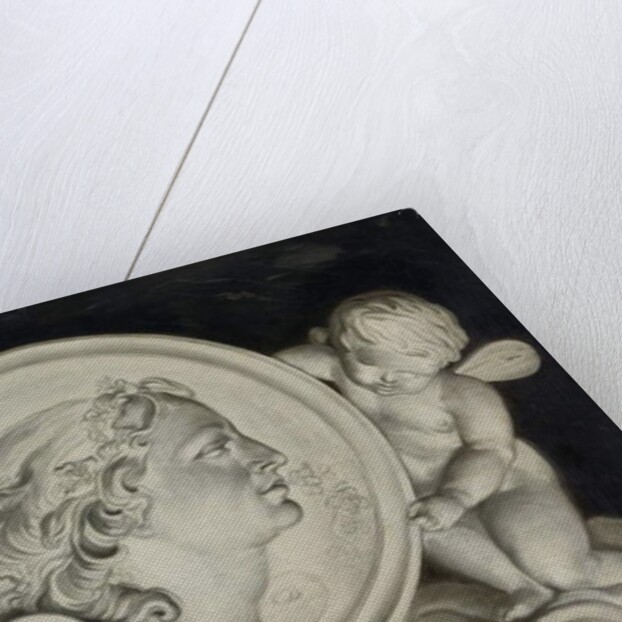 Zephyr in a painted roundel supported by putti floating on clouds by Jacob Xavery