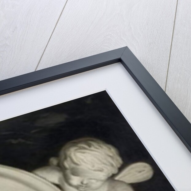 Zephyr in a painted roundel supported by putti floating on clouds by Jacob Xavery