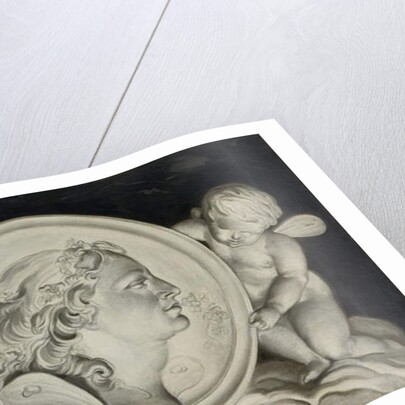 Zephyr in a painted roundel supported by putti floating on clouds by Jacob Xavery