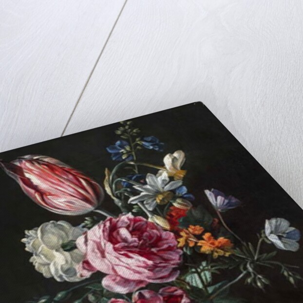 A Bouquet of Narcissus, Parrot Tulip, Roses and Other Flowers in a Glass Vase on a Stone Plinth, c.1650s by Antwerp School