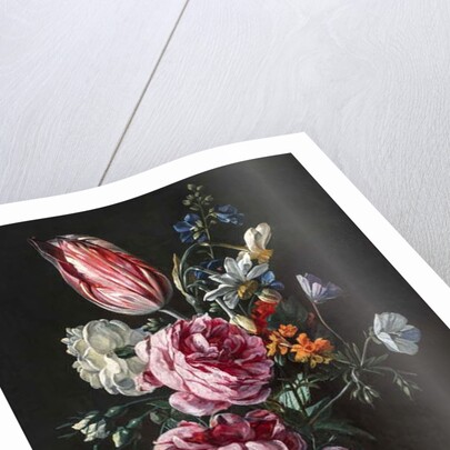 A Bouquet of Narcissus, Parrot Tulip, Roses and Other Flowers in a Glass Vase on a Stone Plinth, c.1650s by Antwerp School