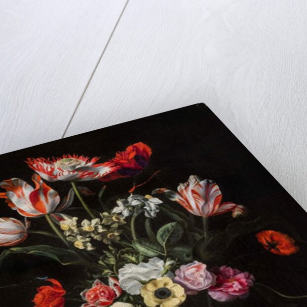 Tulips, Daffodils, Carnations, Poppies, Anemones, and Other Flowers in a Glass Vase on a Wooden Ledge, one of a pair, 17th century by Jean Picart