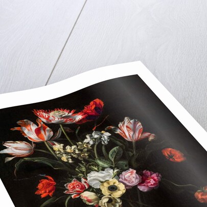 Tulips, Daffodils, Carnations, Poppies, Anemones, and Other Flowers in a Glass Vase on a Wooden Ledge, one of a pair, 17th century by Jean Picart