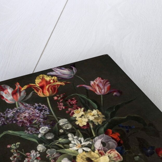 Tulips, Lilies, Daffodils, Lilacs, and Other Flowers in a Glass Vase on a Wooden Ledge, one of a pair, 17th century by Jean Picart