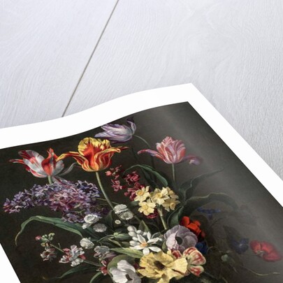 Tulips, Lilies, Daffodils, Lilacs, and Other Flowers in a Glass Vase on a Wooden Ledge, one of a pair, 17th century by Jean Picart