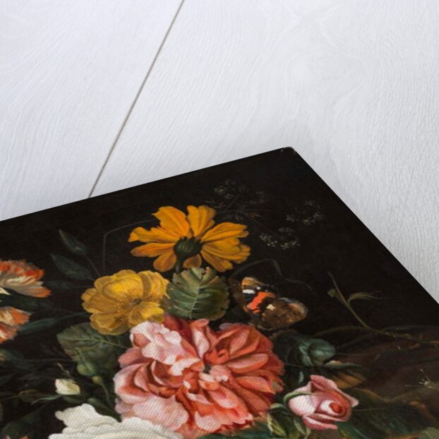 Roses with a Butterfly, Bluebottle and a Snail on a Stone Ledge by Ernst Stuven