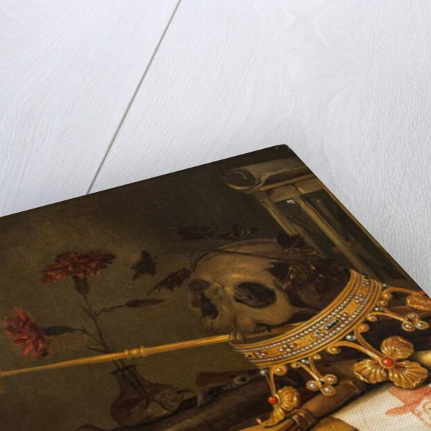 A Vanitas Still Life with a Skull, Crown, Sceptre, Flute, Bellows, Hourglass, Carnations in a Glass Vase, Scroll, Book and an Engraved Portrait of Charles I by Vincent Laurensz van der Vinne