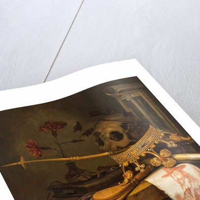 A Vanitas Still Life with a Skull, Crown, Sceptre, Flute, Bellows, Hourglass, Carnations in a Glass Vase, Scroll, Book and an Engraved Portrait of Charles I by Vincent Laurensz van der Vinne