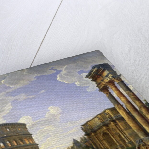 Roman Capriccio Showing the Colosseum, Borghese Warrior, Trajan's Column, the Dying Gaul, Tomb of Cestius, Arch of Constantine and the Temple of Castor and Pollux by Giovanni Paolo Pannini or Panini