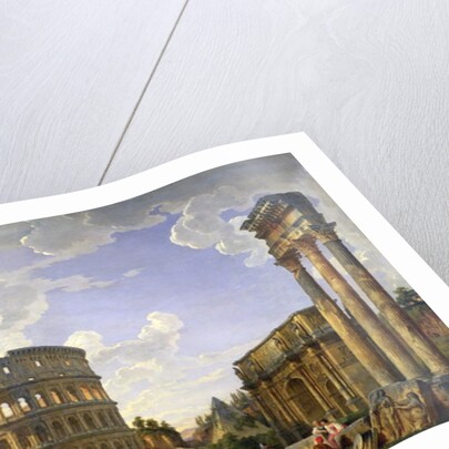 Roman Capriccio Showing the Colosseum, Borghese Warrior, Trajan's Column, the Dying Gaul, Tomb of Cestius, Arch of Constantine and the Temple of Castor and Pollux by Giovanni Paolo Pannini or Panini