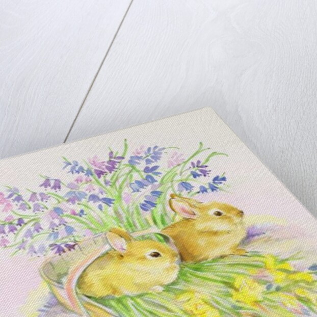 Rabbits in a basket with Daffodils and Bluebells by Diane Matthes