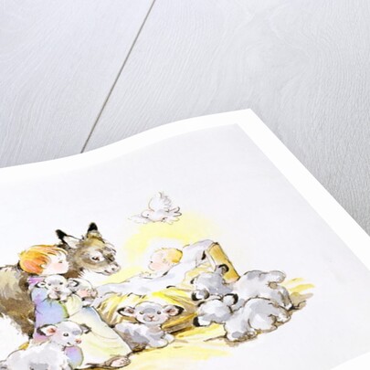 Donkey and Lambs Around a Manger by Diane Matthes