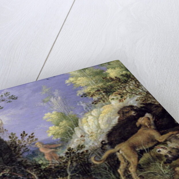 A woodland scene with hunters and animals by Roelandt Jacobsz. Savery