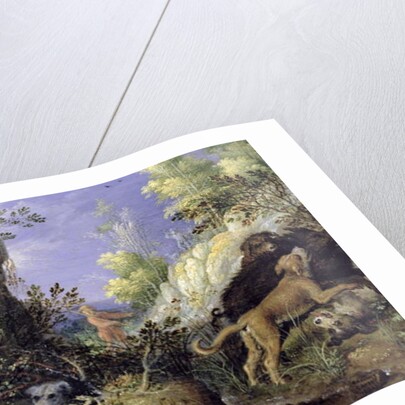 A woodland scene with hunters and animals by Roelandt Jacobsz. Savery