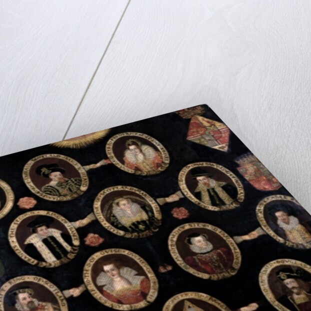 Genealogical chart tracing the Tudor roots of Mary Stuart, Queen of Scots and her son James VI of Scotland and I of England c.1603 by English School