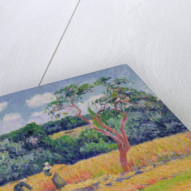 Figures harvesting a wheat field by Henry Moret