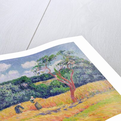 Figures harvesting a wheat field by Henry Moret