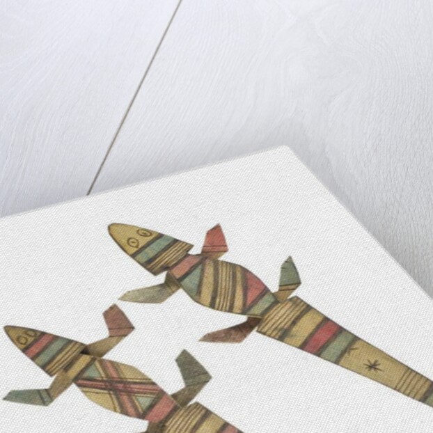 Carved wooden crocodile figures decorated with red, green and black painted geometric patterns, Hausa People, Kano, Northern Nigeria by Nigerian Nigerian