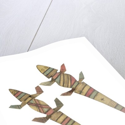 Carved wooden crocodile figures decorated with red, green and black painted geometric patterns, Hausa People, Kano, Northern Nigeria by Nigerian Nigerian