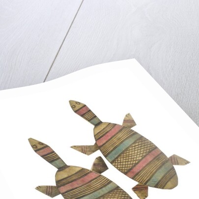 Carved wooden tortoise figures decorated with red, green and black painted geometric patterns, Hausa People, Kano, Northern Nigeria by Nigerian Nigerian