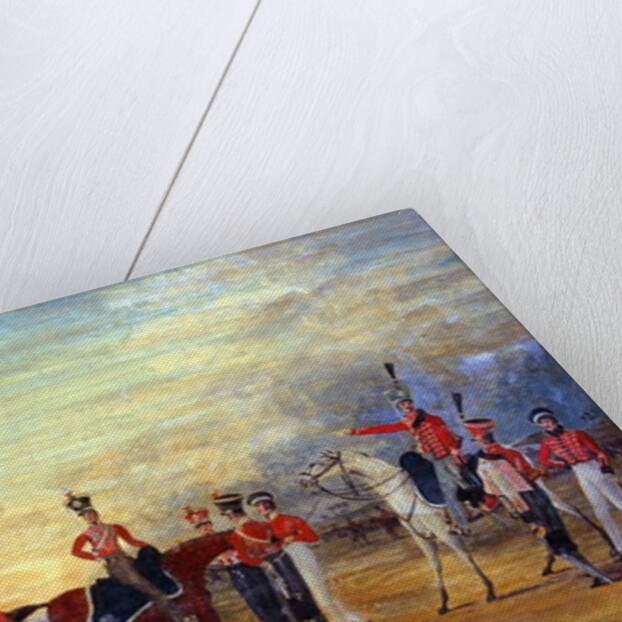 A group of mounted and dismounted officers and men of the Yorkshire Yeomanry in various orders of dress, c.1820 by English School