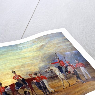 A group of mounted and dismounted officers and men of the Yorkshire Yeomanry in various orders of dress, c.1820 by English School