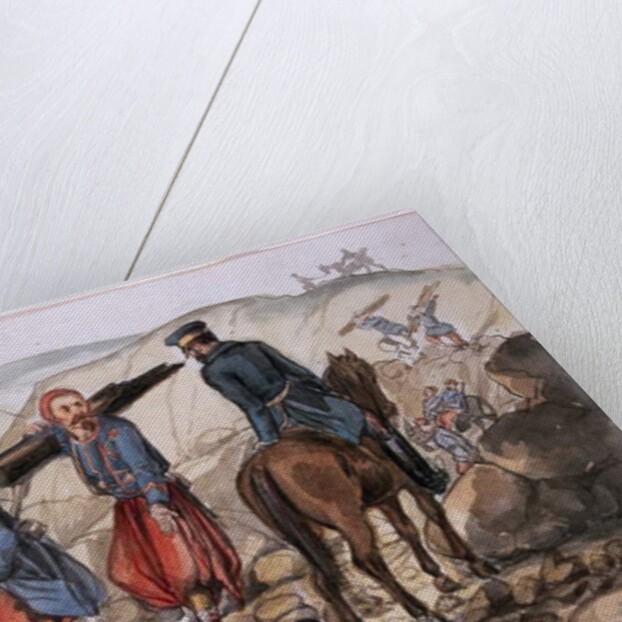 A ravine of Sebastopol after the explosion in the mamelon vert: a Zouave collects wood from the remains by George Cadogan