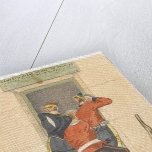 A hussar, an infantryman and a dragoon, all in undress uniform, scrambling for the entrance of a canteen, c.1890 by English School