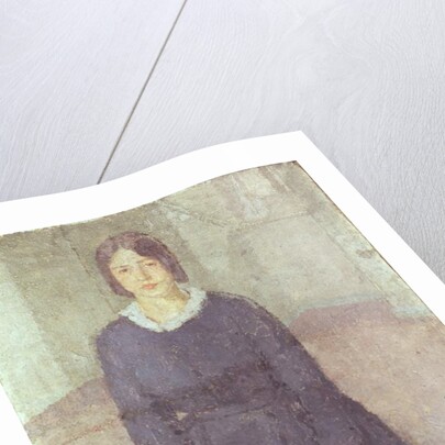 Girl in a blue dress holding a piece of sewing by Gwen John