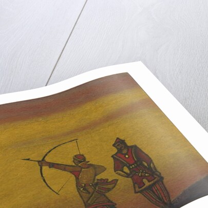 Polovtsians, one with a bow, costume design for 'Polovtsian Dances' from Borodin's opera 'Prince Igor', 1943 by Nicholas Roerich