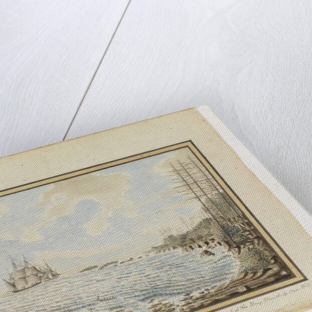 Opp. p. 194. `Part of the Reef & Landing places Sydney Bay; Sirius & Supply endeavouring to work out of the Bay. March 19 1790', c.1802 by William Bradley