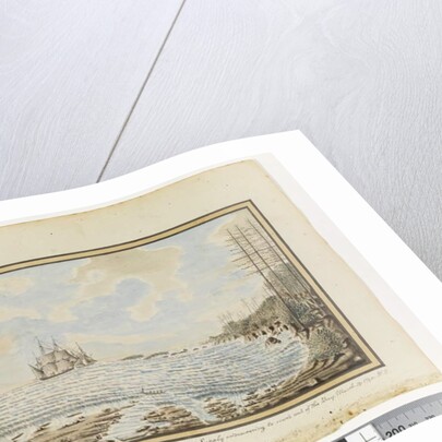 Opp. p. 194. `Part of the Reef & Landing places Sydney Bay; Sirius & Supply endeavouring to work out of the Bay. March 19 1790', c.1802 by William Bradley