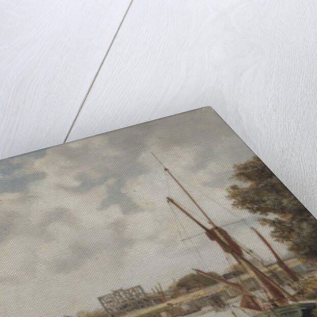 The present Hammersmith Bridge under construction showing the temporary bridge, 1886 by Archibald Webb