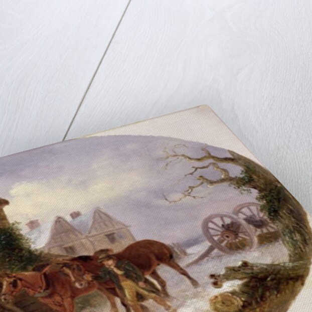 Boy leading horses to a barn in the snow by Thomas Smythe