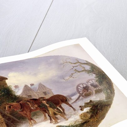 Boy leading horses to a barn in the snow by Thomas Smythe
