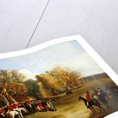 A hunt meet in a parkland with a country house by John Dalby