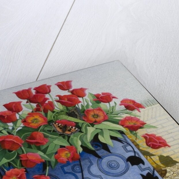 Getting There, 2011 flowers; tulips; still life; window box; toad; frog; butterflies; by Pat Scott