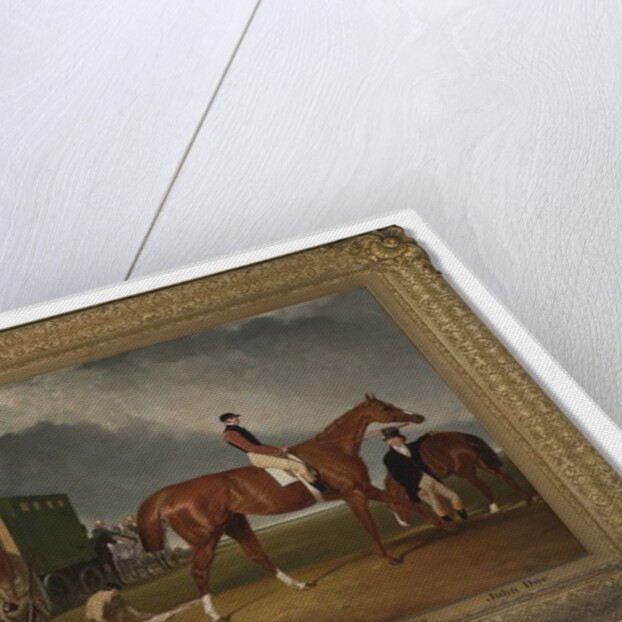 Portrait of Lord George Bentincks Horse Elis with rider, John Day, and trainer, John Doe, Doncaster, 1836 by Abraham Cooper