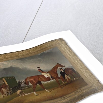 Portrait of Lord George Bentincks Horse Elis with rider, John Day, and trainer, John Doe, Doncaster, 1836 by Abraham Cooper