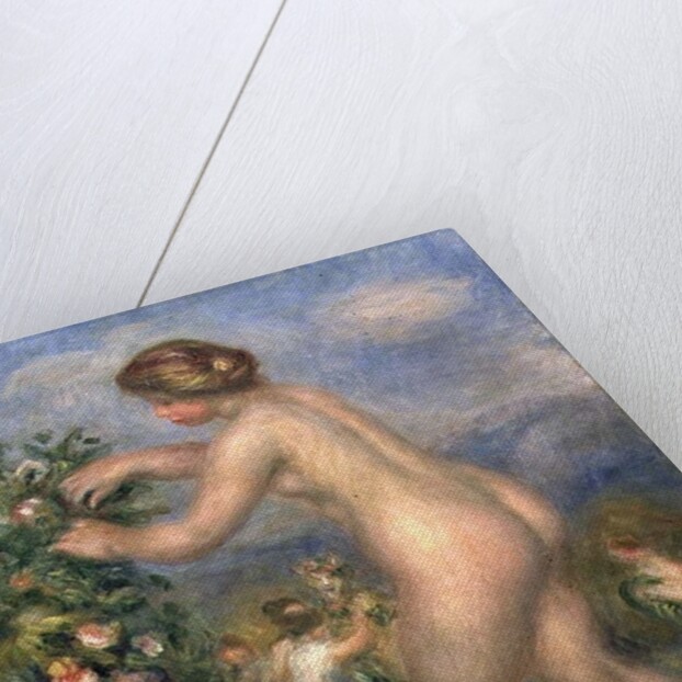 Female nude picking flowers by Pierre Auguste Renoir