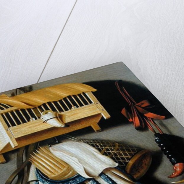 Trompe l'oeil of hunting equipment and a bird cage by Johannes Leemans