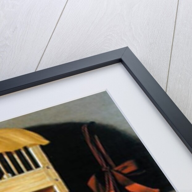 Trompe l'oeil of hunting equipment and a bird cage by Johannes Leemans