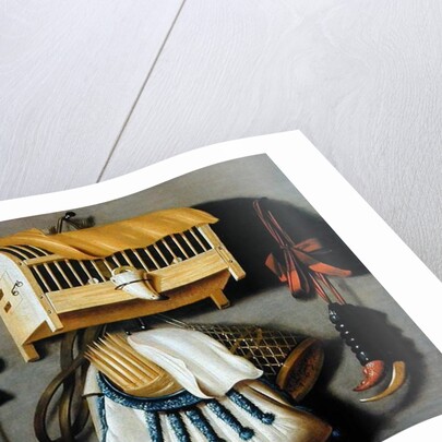 Trompe l'oeil of hunting equipment and a bird cage by Johannes Leemans