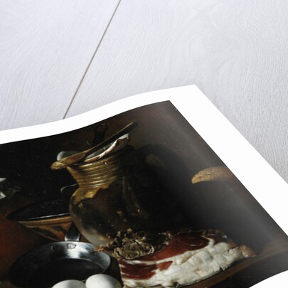A still life of ham and eggs by Luis Egidio Menendez or Melendez