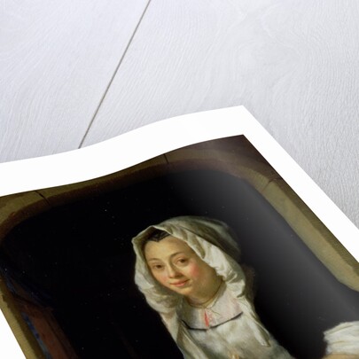 Portrait of a maid holding a waffle by Godfried Schalcken